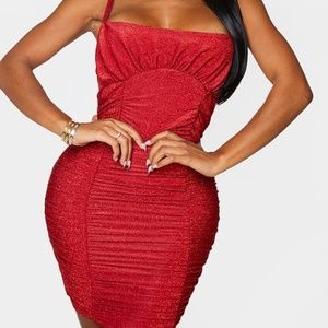PRETTYLITTLETHING RED GLITTER BODYCON DRESS